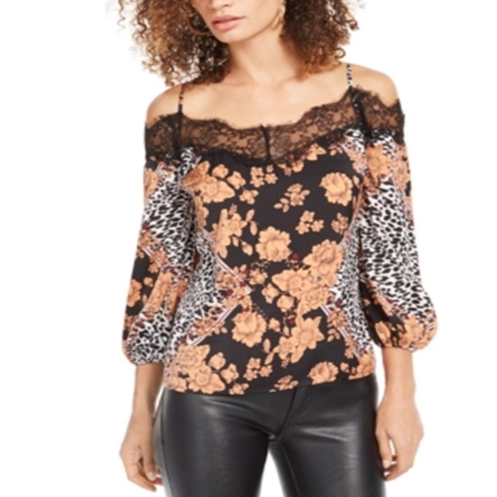 Guess Black Lace-Trim Cold-Shoulder Floral & Leopard Print Blouse